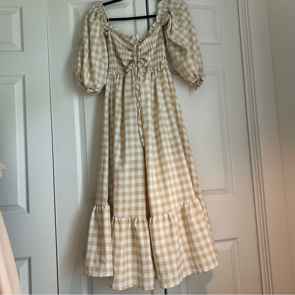 COPY - REVOLVE MABLE Off Shoulder Beige Gingham Midi Dress